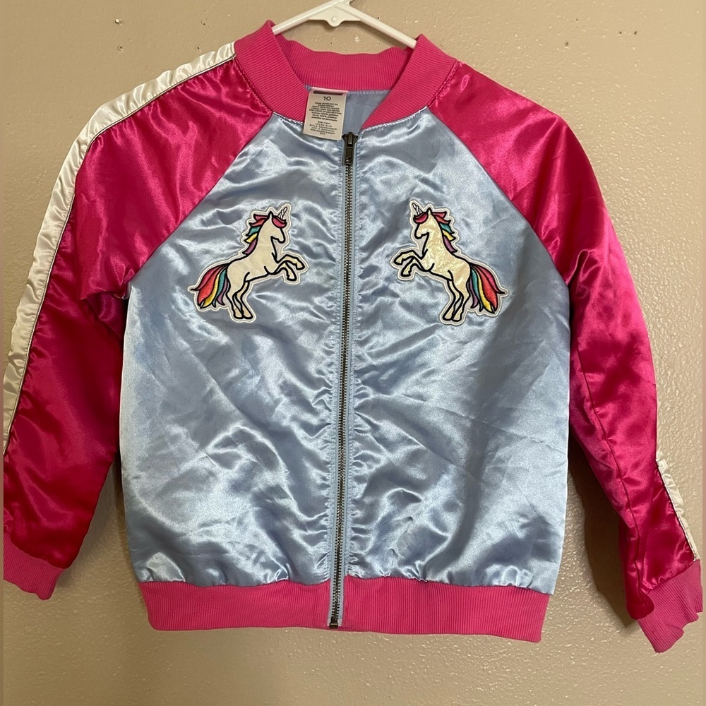 Unicorn Satin with Pink and Blue Accents Bomber Jacket - Picture 3 of 9